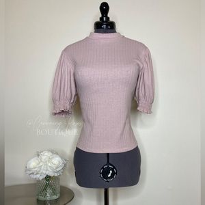Large Soft Pastel Blush Pink Forever 21 Puff Sleeve Mock Neck Top Button Closure
